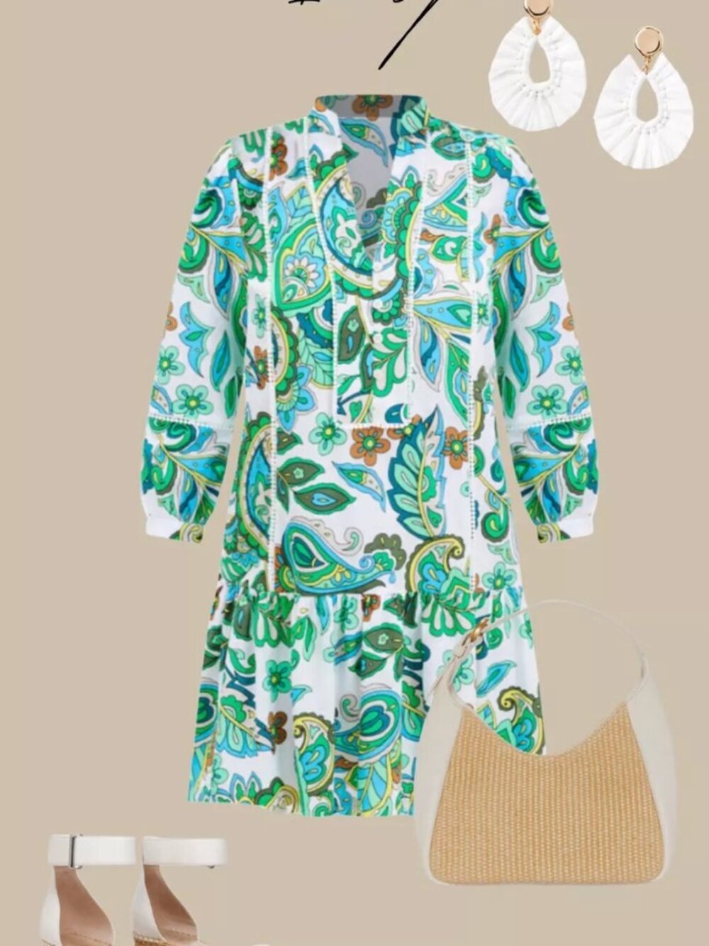 Paisley Floral Mini Dress Cotton Feel Long Sleeve Tiered Boho